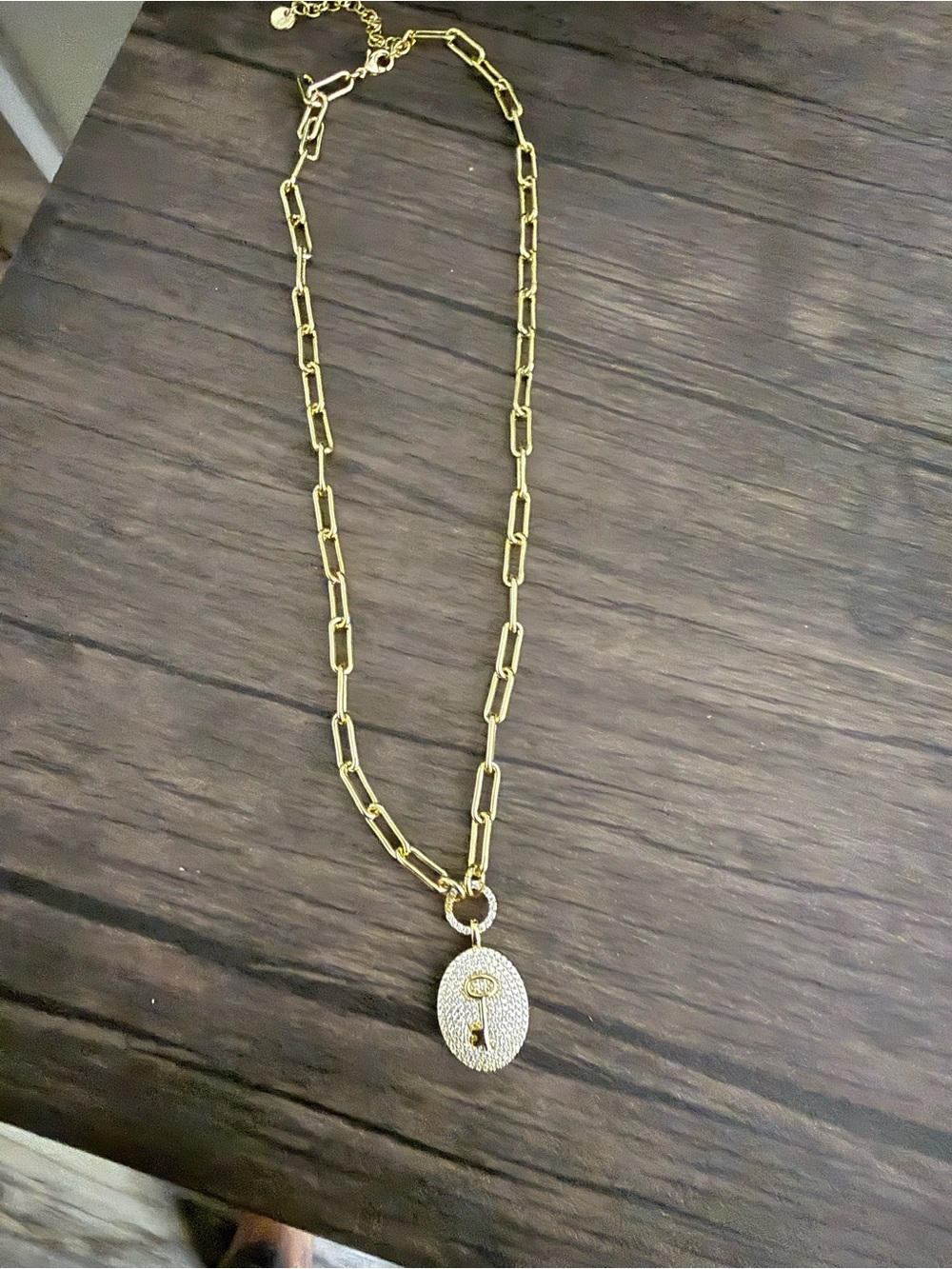 Gold Paperclip Chain Necklace with Pave Oval Key Pendant